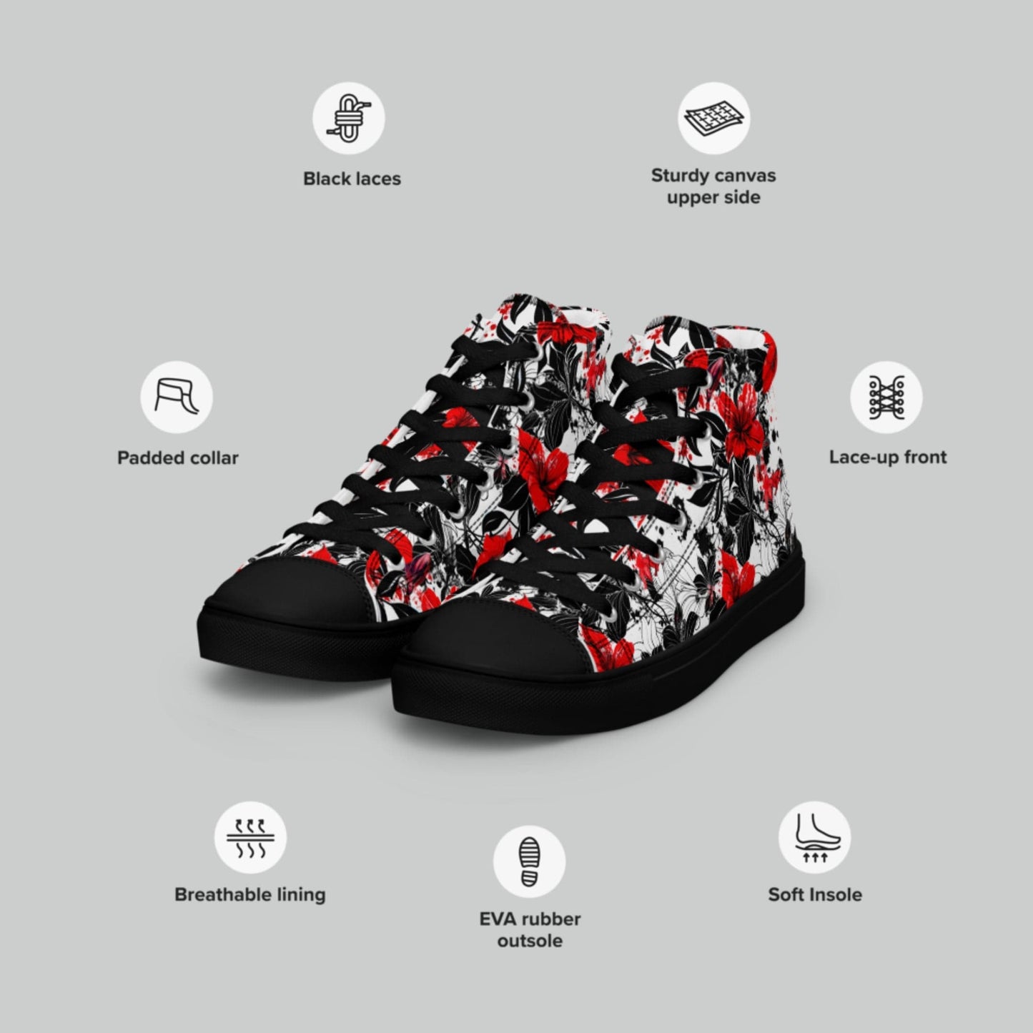 Red & Black Floral High Top Canvas Shoes