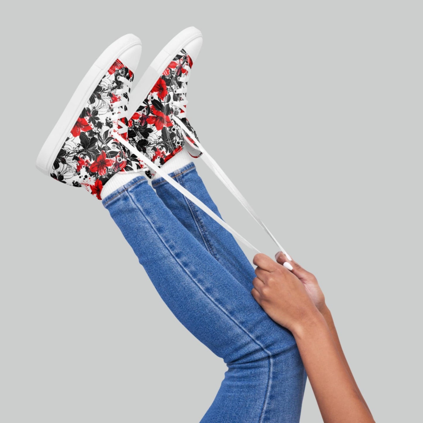 Red & Black Floral High Top Canvas Shoes