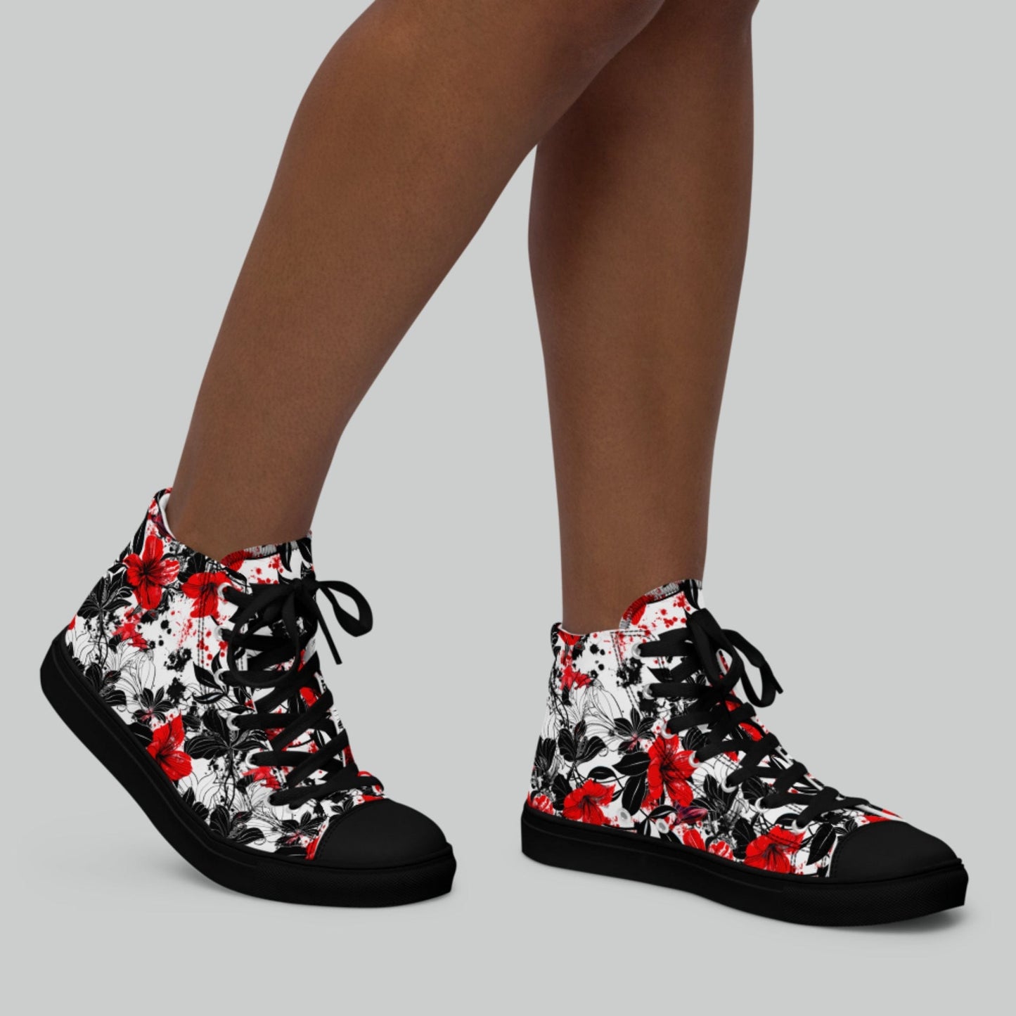 Red & Black Floral High Top Canvas Shoes