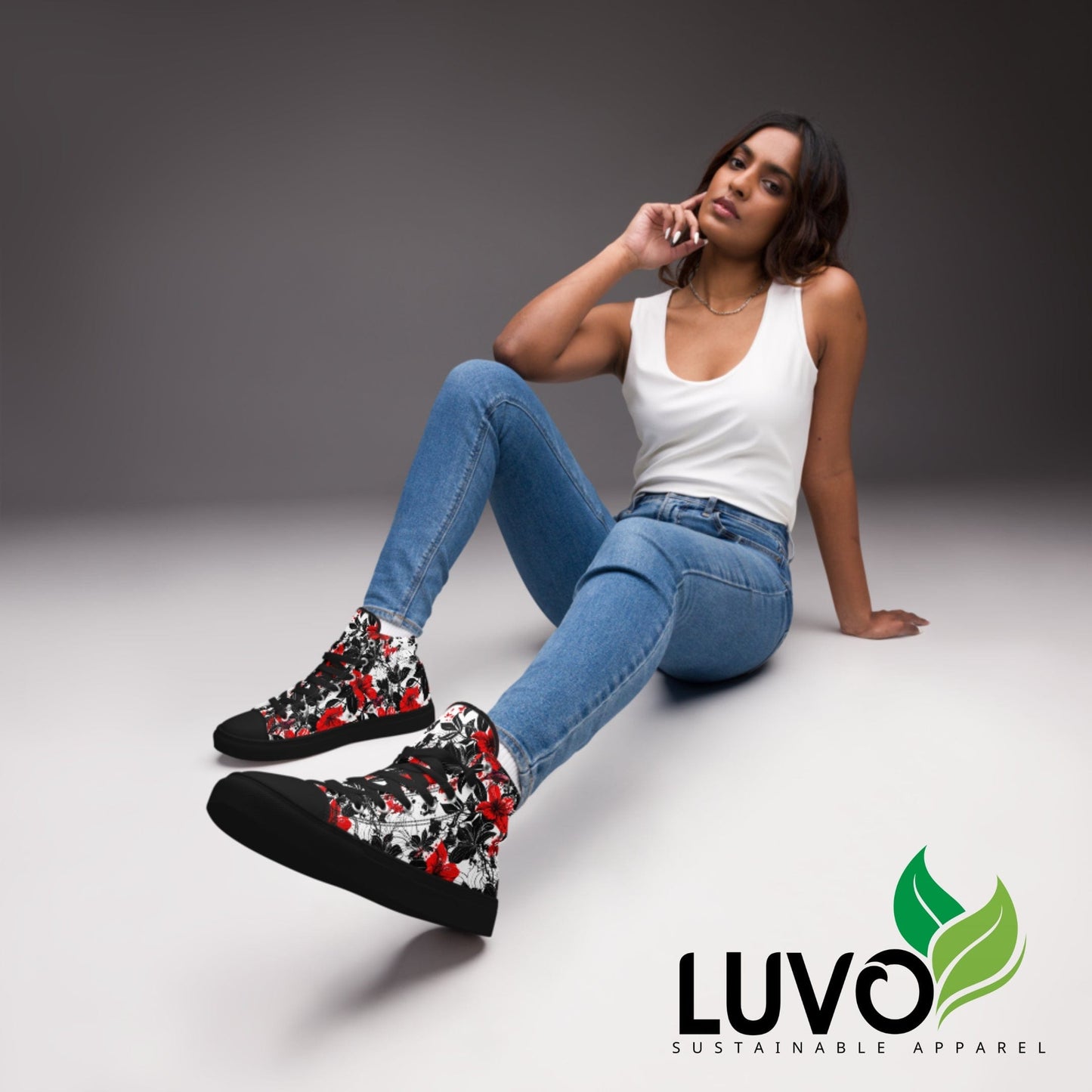 Red & Black Floral High Top Canvas Shoes