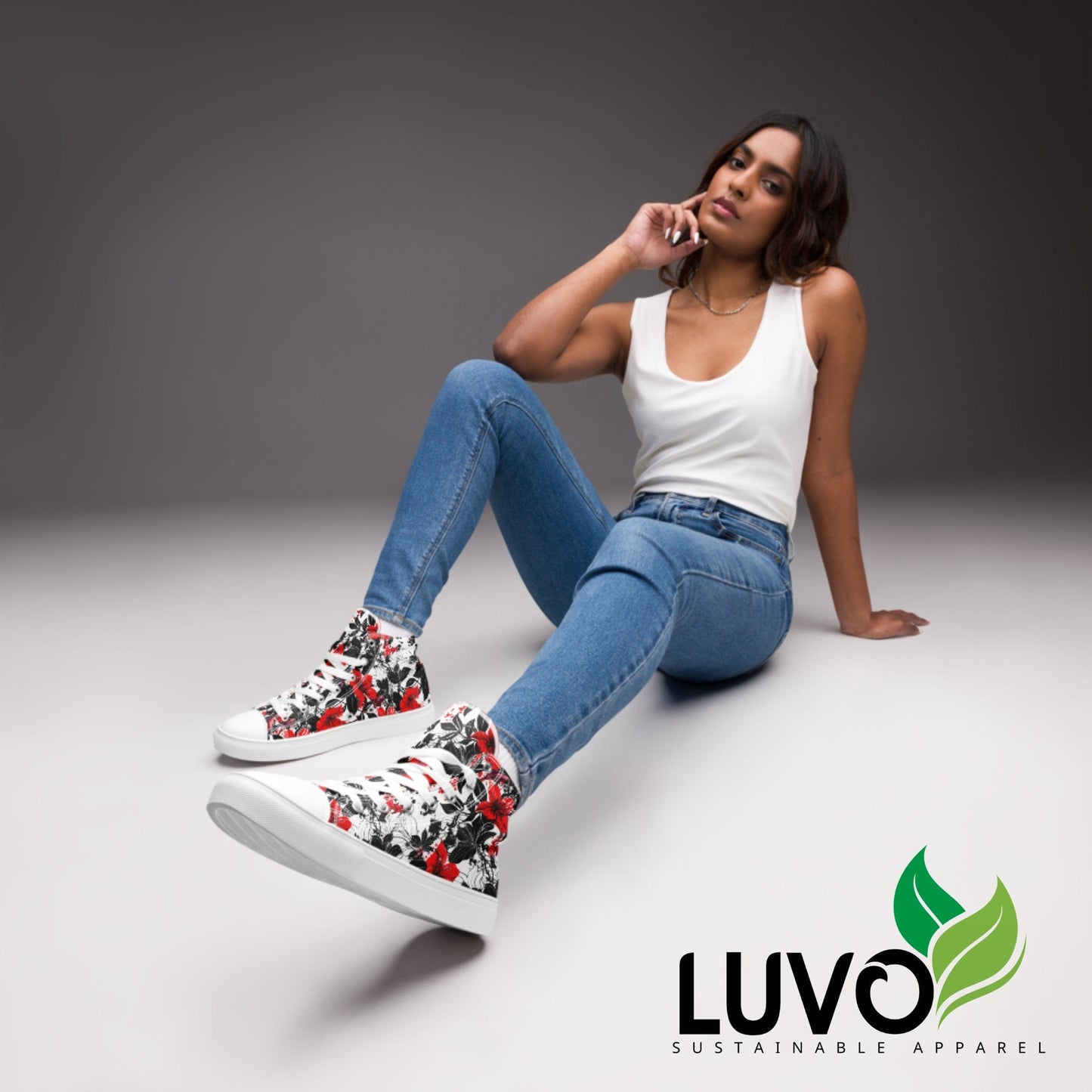 Red & Black Floral High Top Canvas Shoes