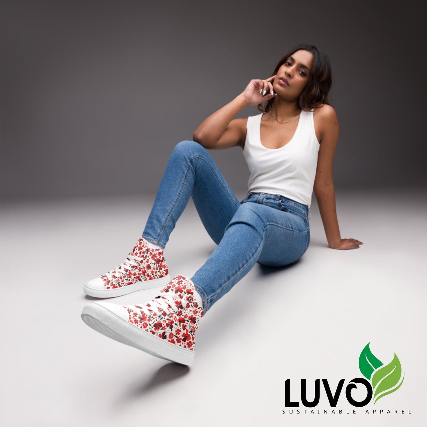 Red Floral High Top Canvas Shoes